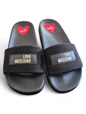 Love Moschino Black Slide Sandals with Red Heart Accent